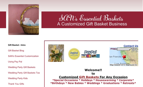 Home page, SAN's Essential Gift Baskets.