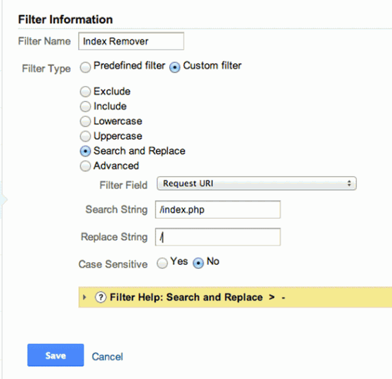 This filter would replace "/index.php" with just a slash, effectively combining data for two URLs.