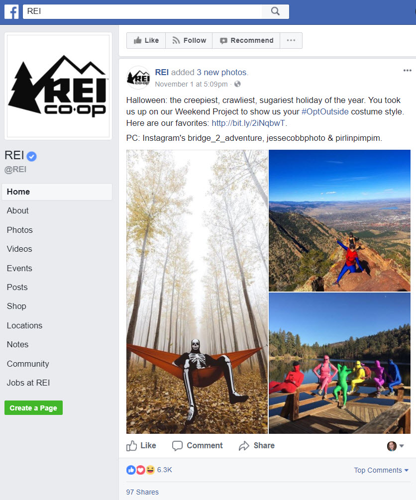 REI’s Facebook channel promotes its blog content.