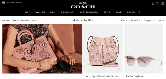 Coach landing page that conveys products are suitable for several age groups.