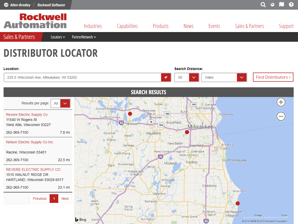 Rockwell Automation dealer locator page.