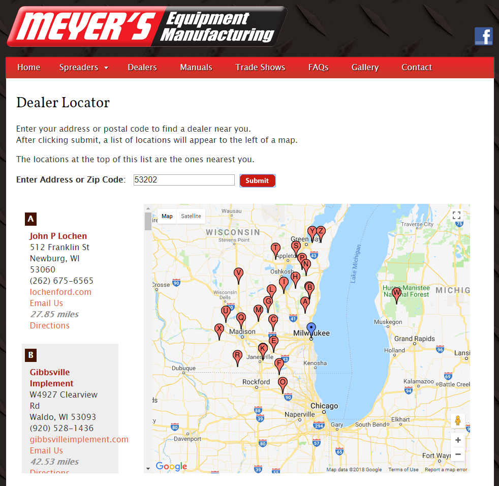 Meyer's Equipment Manufacturing dealer locator is driven by JavaScript.