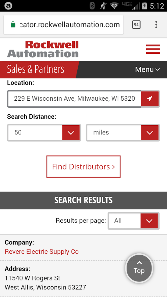 Rockwell Automation also has a clean and usable mobile distributor locator.