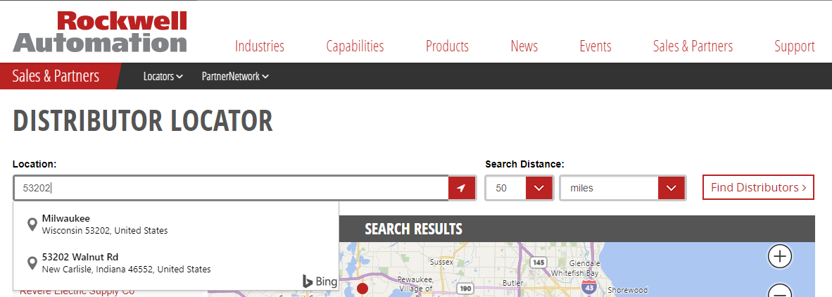 The Rockwell Automation distributor locator has an auto-detect for address and Bing autocomplete.