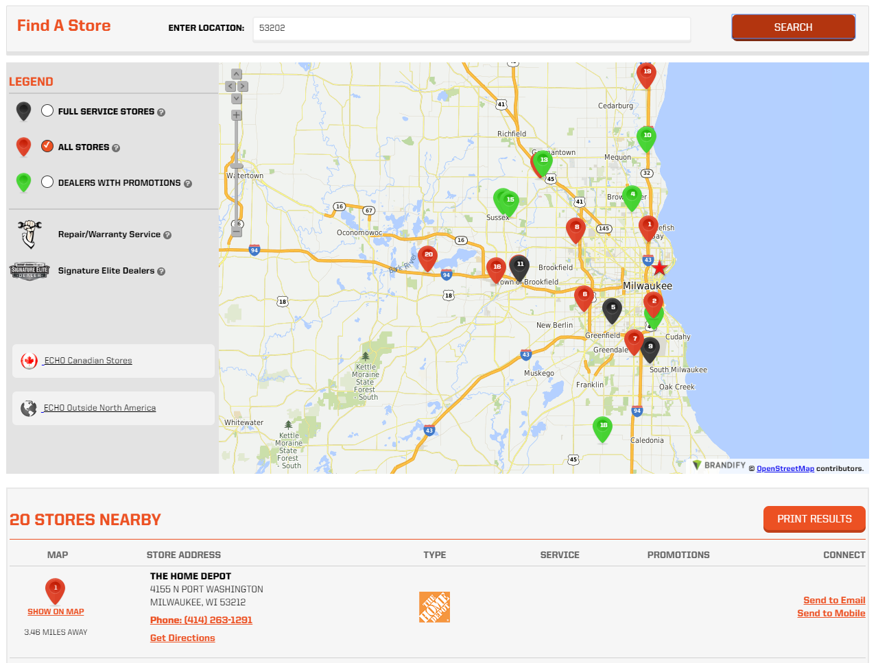 Echo uses colors to show different types of dealer locations.