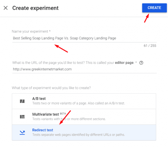 Name the experiment, select “Redirect test,” and click “Create.”