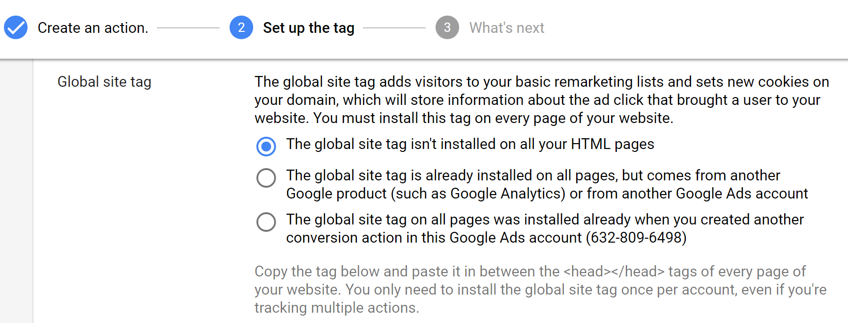 Choose the global site tag option.
