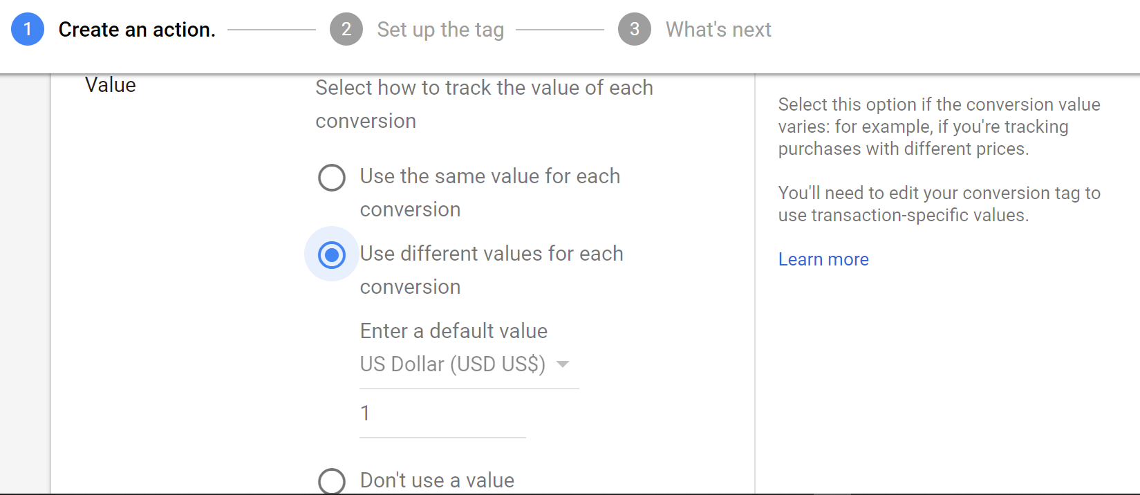Choose "Use different values for each conversion," as the tracking code has to be dynamic.