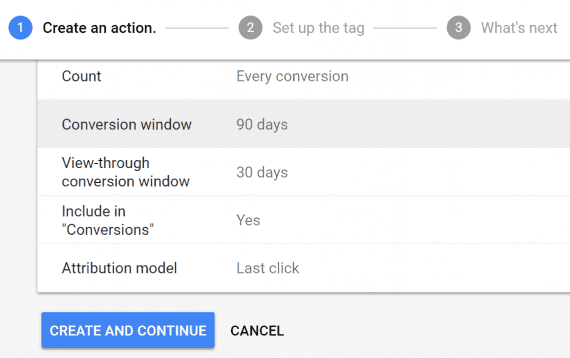 Choose a 90-day conversion window and the default "last-click" attribution.