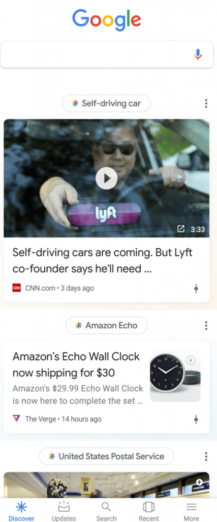 Above each Discover card is a search phrase that Google has algorithmically customized to the user — "Self-driving car" in this example.