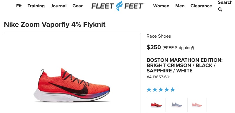Unique product descriptions avoid duplicate content and thus help brands and retailers rank on search results. Retailer Fleet Feet created its own description of Nike's Zoom Vaporfly 4% Flyknit running shoe, enabling it to rank on page one.