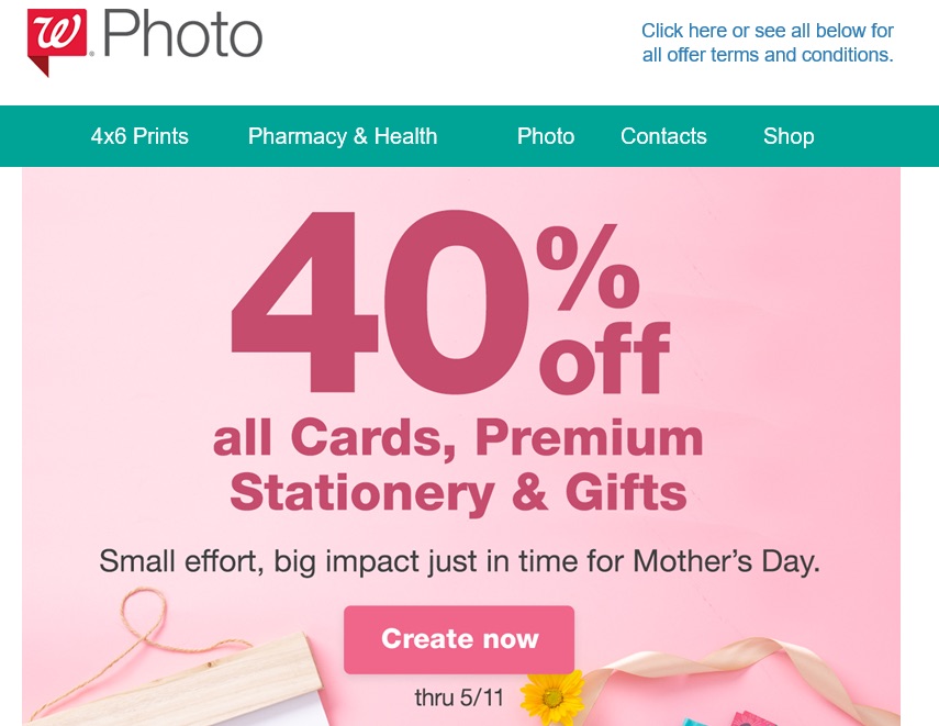 Walgreen's email includes a single call-to-action: "Create now."
