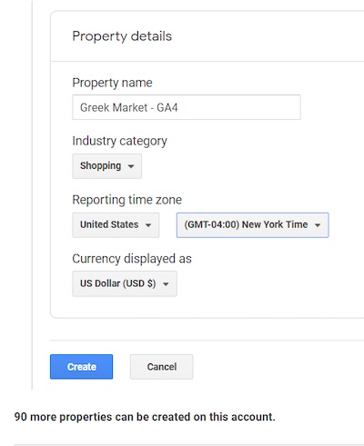 Screenshot of Google Analytics 4 set up page name the property