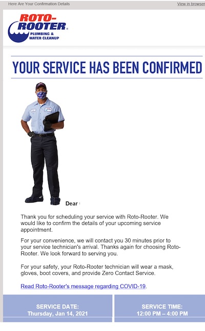 Screenshot of a Roto-Rooter service appointment confirmation.