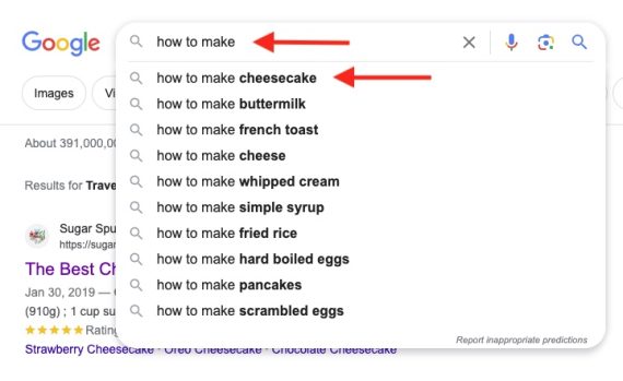 Screenshot of autosuggest for "how to make"