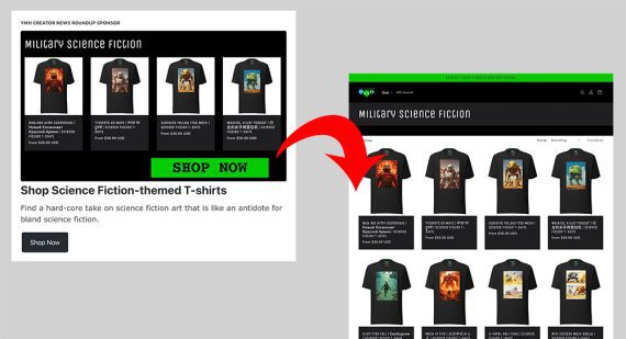 Screenshots of a t-shirt ad and a t-shirt category page.