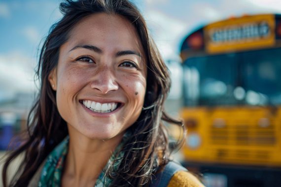 Photo of a middle-aged female in front of a school bus.