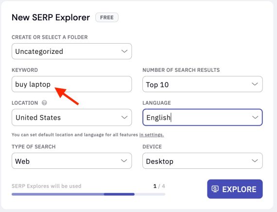 Screenshot of SERP Explorer screen to enter keyword and other information
